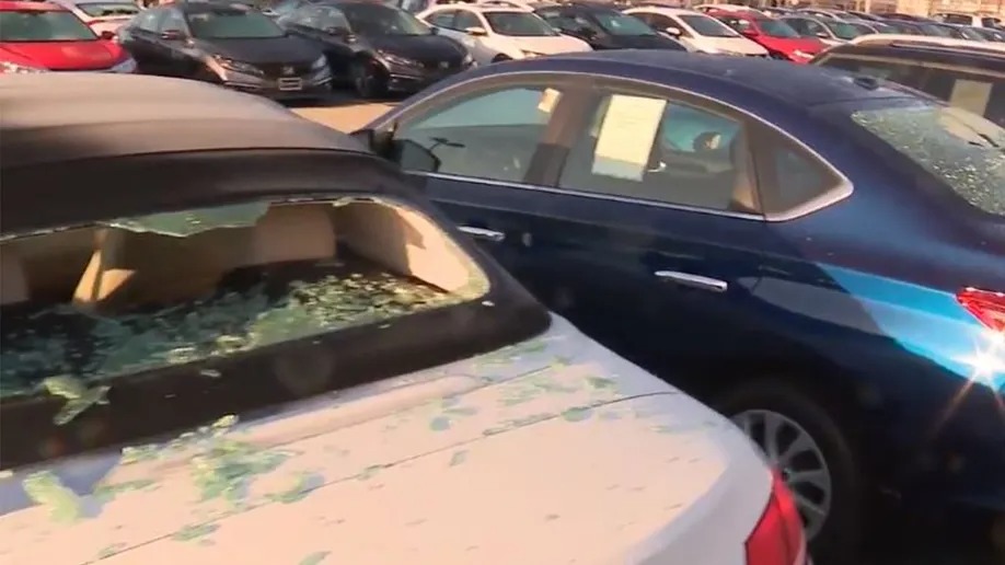 Vándalo estalló en ira y rompió docenas de ventanas de autos en un concesionario de Chicago (VIDEO)