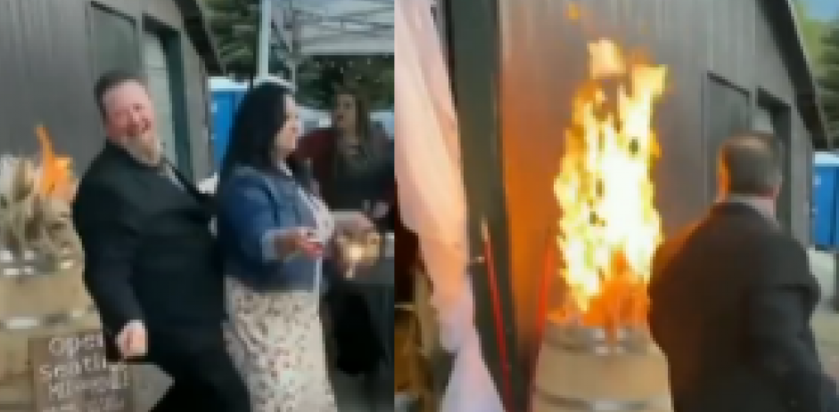 El invitado de una boda se pasa de copas, provoca un incendio bailando, lo apaga y sigue con su show (VIDEO)