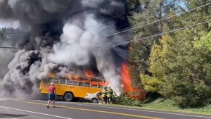Tragedia en Nueva York: Autobús escolar estalló en llamas al impactar otro vehículo y dejó un muerto (VIDEO)